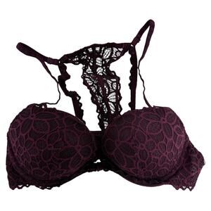 Victoria's Secret Pink The Date Racerback Push-Up Bra Scalloped Lace Maroon 34C